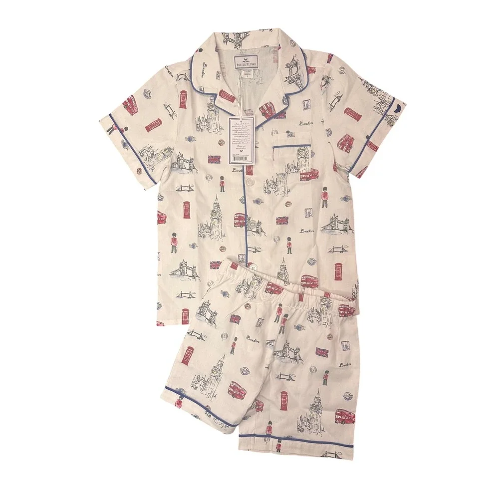 Petite Plume London Is Calling Classic Short Set Pajamas White Blue Red Size 5